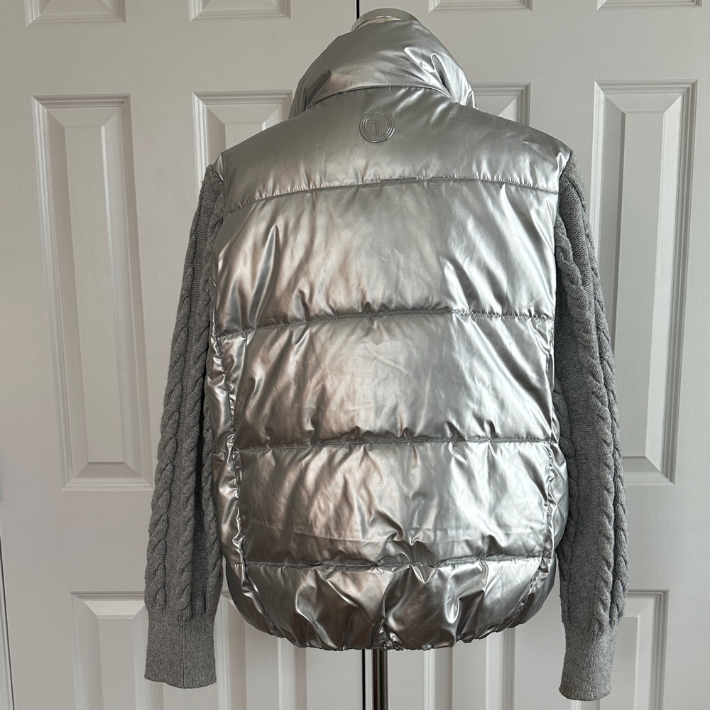 Talbots Metalic Silver Puffer Quilted Cable Knit Sleeves Winter Jacket Size L - Picture 9 of 14